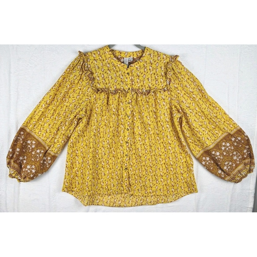 Joie Women's XL Floral Blouse Yellow Brown Boho Prairie Ruffle Puff Sleeve... - Picture 2 of 10